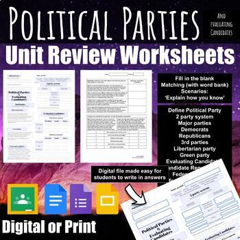Preview of Civics Unit Review Worksheets - Political Parties & Evaluating Candidates
