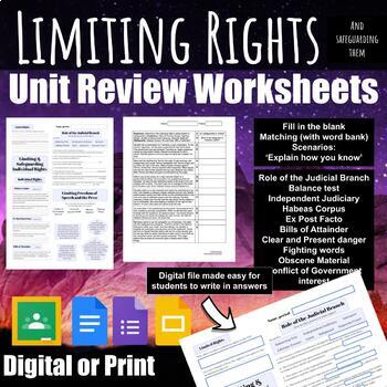 Preview of Civics Unit Review Worksheets and Readings - Safeguarding and Limiting Rights