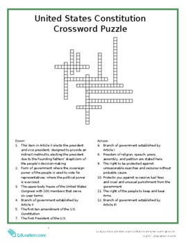 Preview of Civics: United States Constitution Crossword Puzzle