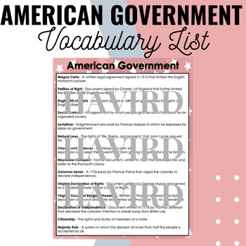 Preview of Civics Vocabulary List: American Government