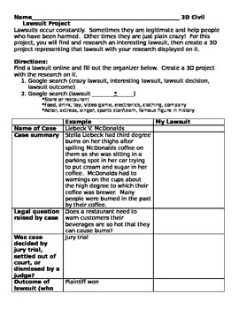 Preview of Civil Lawsuit 3D Project and Rubric - civil law assessment worksheet