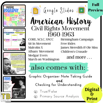 Preview of Civil Rights Movement 1960-1963 Google Slides, Graphic Organizer, Worksheet