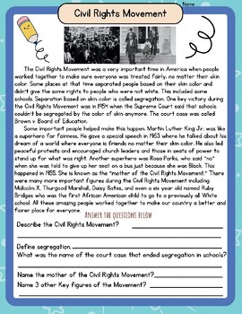 Preview of Civil Rights Movement Introductory Overview Reading Comprehension Worksheet Q&A