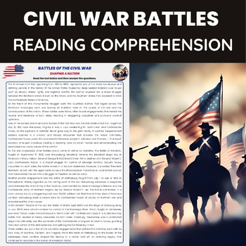 Preview of Civil War Battles Reading Passage Bull Run Shiloh Antietam Vicksburg Gettysburg