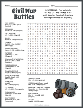 Civil War Battles Word Search Worksheet by Puzzles to Print | TpT
