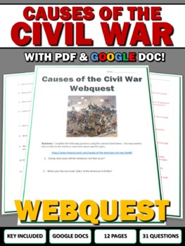 Preview of Civil War - Causes of the Civil War - Webquest with Key (Google Docs)