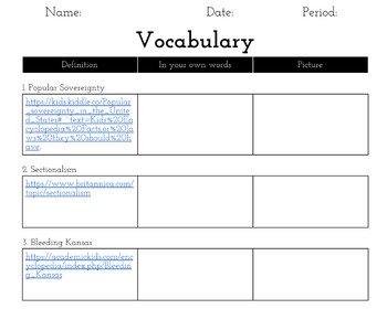 Preview of Civil War Era 8th Webquest Vocabulary