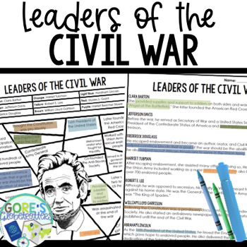 Preview of Civil War Leaders | Differentiated Social Studies Passage and Coloring Activity 