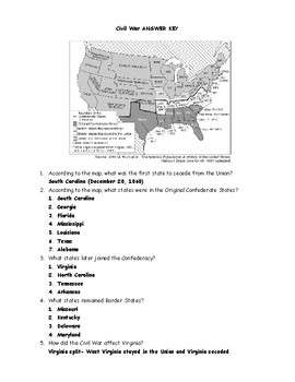 civil war map worksheet and answer key by social studies sheets tpt