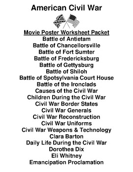 Preview of Civil War "Movie Poster" WebQuest & Worksheet Packet (45 Topics)