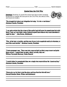 Preview of Civil War Quotation Analysis: Worksheet, Homework, or Class Discussion Printable