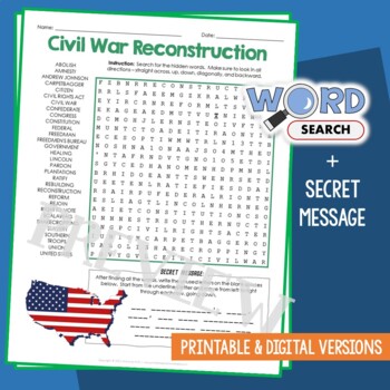 Preview of Civil War Reconstruction Word Search Puzzle Activity Vocabulary Worksheet