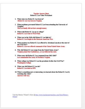 Civil War Robert E Lee In 4 Minutes Video Worksheet By History Wizard