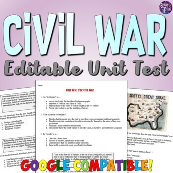 Preview of Civil War Test and Answer Key: Battles & Generals Quiz Worksheet & Assessment