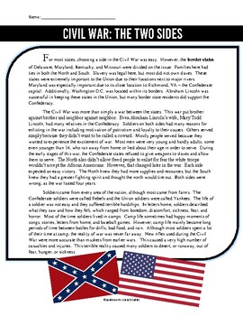 Preview of Civil War - The Two Sides Reading Comprehension Worksheet