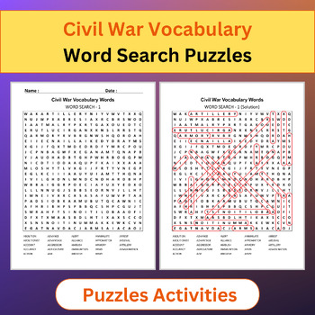 Preview of Civil War Vocabulary Words | Word Search Puzzles Activities