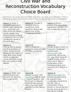 Preview of Civil War and Reconstruction Vocabulary Choice Board Activity/ Project