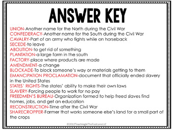 Civil War and Reconstruction Vocabulary Match Up by Teaching In the