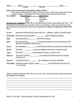 Preview of Civil War worksheet-American expectations of the war- ELA future tense & summary