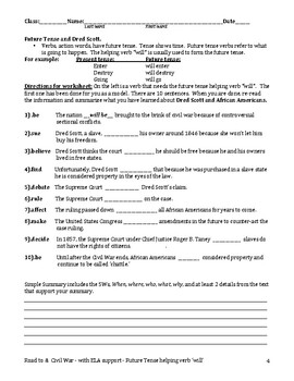 Preview of Civil War worksheet-Dred Scott-ELA future tense & summary practice