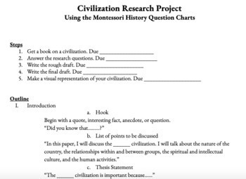 Preview of Civilization Research Project using Montessori History Question Charts - Digital