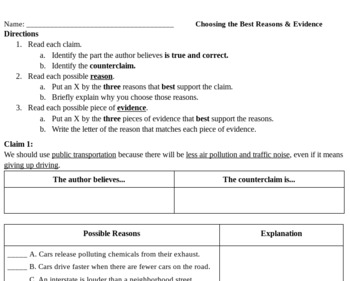 Preview of Claim, Counter-claim, Reasons, and Evidence Practice