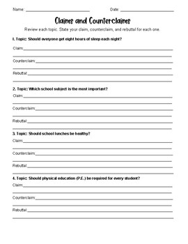 Claim, Counterclaim, And Rebuttal Practice Worksheet By Workshop For ...