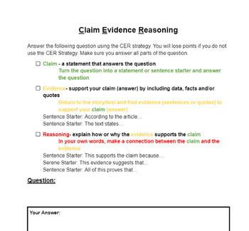 Preview of Claim Evidence Reasoning CER