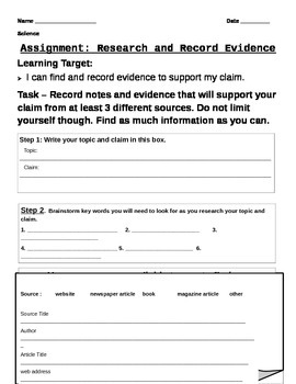 Preview of Claim Evidence Reasoning - Evidence Gathering Notes
