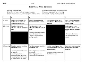 Preview of Claim Evidence Reasoning Experiment Rubric