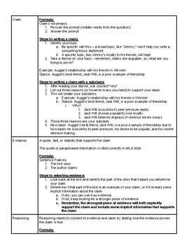 Preview of Claim, Evidence, and Reasoning 1 Pager