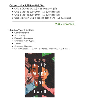 Preview of Clap When You Land Assessments - All Quizzes & Unit Test (85 Total Questions)