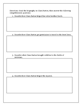 Clara Barton Biography with Reading Comprehension Questions | TPT
