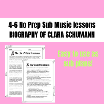 Preview of Clara Schumann Biography No prep elementary music sub plans