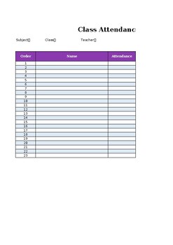 Preview of Class Attendance excel sheet 100% editable and FREE for teachers