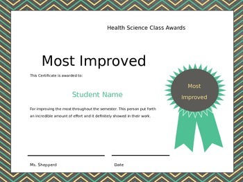Preview of Class Award Certificates for Middle School Health Science class Editable