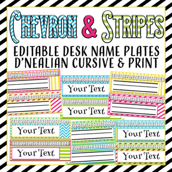 Preview of Editable Chevron & Stripes Desk Nameplates w/ both Cursive&Print Alaphabet Strip