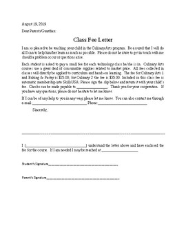 Preview of Class Fee Letter for Culinary Arts