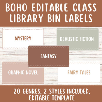 Preview of Class Library Bin Labels for Library Book Organization | Editable Boho Colors