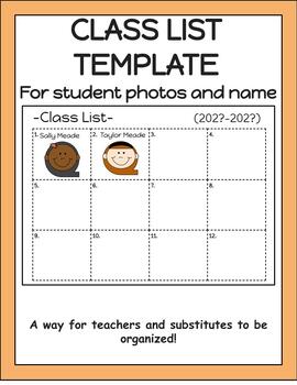 Preview of Class List with Student Photo Spots for Substitutes and Teachers (EDITABLE)