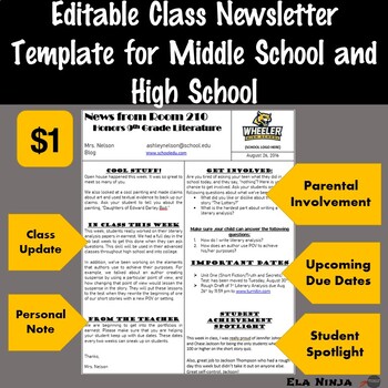 Class Newsletter Template For Middle School Or High School By Ela Ninja