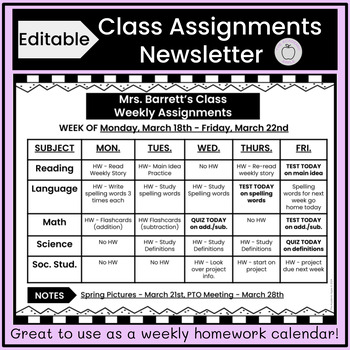 Preview of Class Newsletter for Weekly Assignments, Homework Calendar EDITABLE