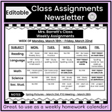 Class Newsletter for Weekly Assignments, Homework Calendar