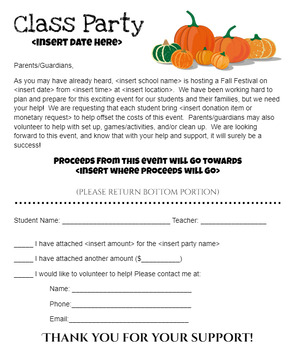 Preview of Class Party Letter for Donations - editable for all holidays and events