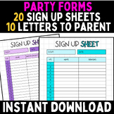 Class Party Sign up Sheet, Letter to Parents, Reminders, P