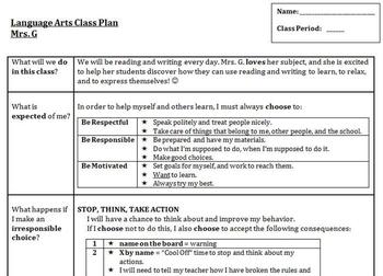 Preview of Class Plan - Beginning of the Year Handout