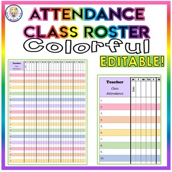 Preview of Colorful Class Roster Attendance Sheet Chart - EDITABLE!