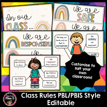 Preview of Class Rules - PBIS/PBL style - Dreamy Boho Rainbow