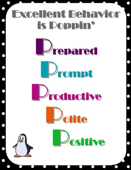 Preview of Class Rules Poster Set 5 Ps Black White Polka Dot Penguin Theme with Cloze Notes