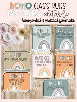 Preview of Class Rules Posters Boho - EDITABLE